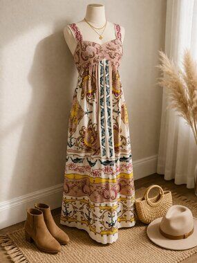 Farm Rio Maritime Magic Maxi Dress NWT Colorful Linen Blend Sleeveless XL